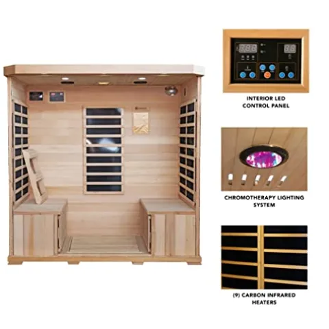 Heat Wave 4 Person Sauna Hemlock Wood Sonoma 9 Carbon Infrared Heaters MP3 Player Chromo Therapy Lighting 120V 2100W Wood