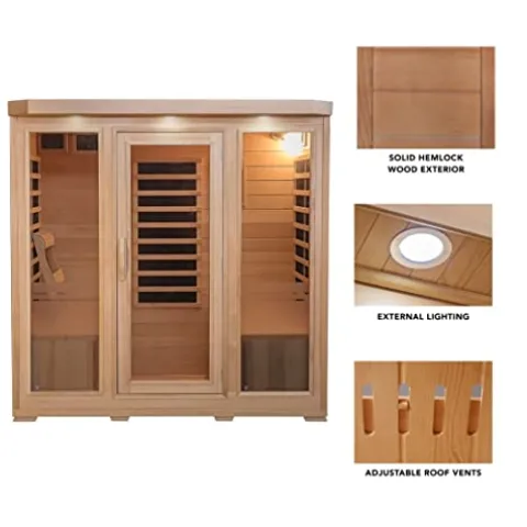 Heat Wave 4 Person Sauna Hemlock Wood Sonoma 9 Carbon Infrared Heaters MP3 Player Chromo Therapy Lighting 120V 2100W Wood