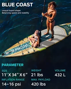 HICOO Inflatable Paddle Board with Kayak Seat, Double Blade Paddle, Waterproof Bag – Wooden Dark Blue