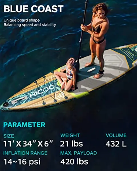 HICOO Inflatable Paddle Board with Kayak Seat, Double Blade Paddle, Waterproof Bag – Wooden Dark Blue