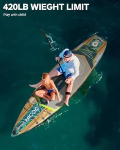 HICOO Inflatable Paddle Board with Kayak Seat, Double Blade Paddle, Waterproof Bag – Wooden Dark Blue