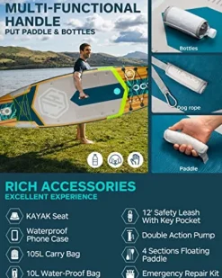 HICOO Inflatable Paddle Board with Kayak Seat, Double Blade Paddle, Waterproof Bag – Wooden Dark Blue