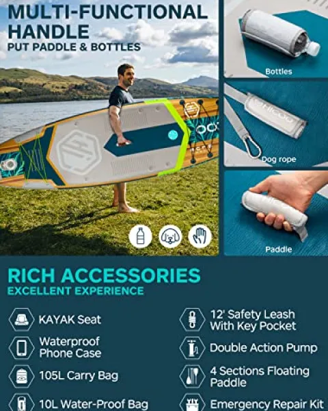 HICOO Inflatable Paddle Board with Kayak Seat, Double Blade Paddle, Waterproof Bag – Wooden Dark Blue