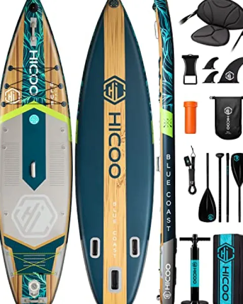 HICOO Inflatable Paddle Board with Kayak Seat, Double Blade Paddle, Waterproof Bag – Wooden Dark Blue