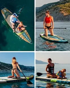 HICOO Inflatable Paddle Board with Kayak Seat, Double Blade Paddle, Waterproof Bag – Wooden Dark Blue