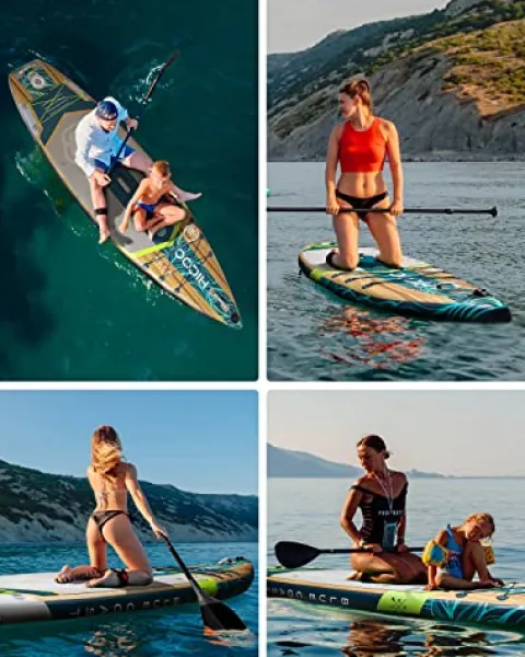 HICOO Inflatable Paddle Board with Kayak Seat, Double Blade Paddle, Waterproof Bag – Wooden Dark Blue