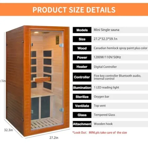 Homsido Home Sauna Far Infrared Mini Low-EMF Single Indoor Wooden Canadian Hemlock Sauna Mini Hemlock Sauna
