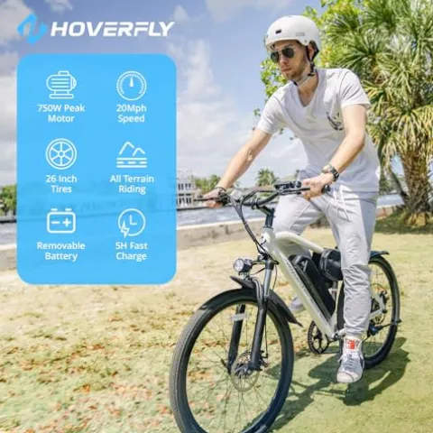 HOVERFLY OUREA Electric Bike 26″ 750W Peak Motor Mountain Ebike White