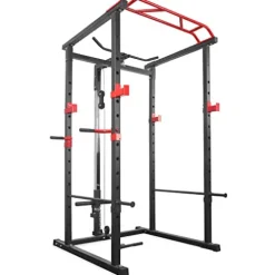 IFAST Power Cage 1000-Pound Capacity Olympic Squat Cage Power Rack with LAT Pull-Down Attachment, Red