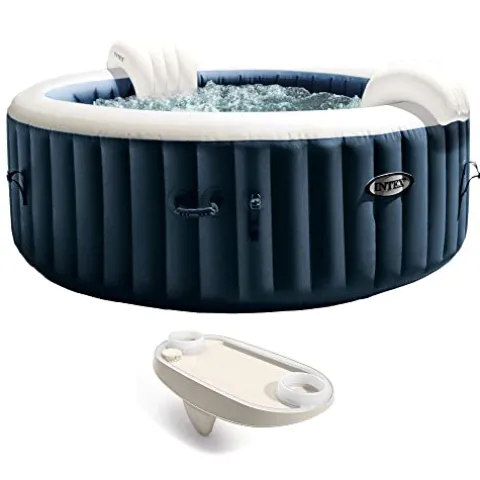 Intex Portable Inflatable Hot Tub Bubble Jet Spa with Tablet Mobile Phone Spa Tray Accessory, White Blue