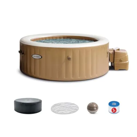 Intex PureSpa 4 Person Round Bubble Massage Inflatable Hot Tub Spa Set Tan