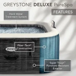 Intex PureSpa Plus 6 Person Inflatable 94″ Square Outdoor Hot Tub Spa with 170 Bubble AirJets, Insulated Cover & LED Color Changing Lights Square Greystone