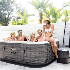 Intex PureSpa Plus 6 Person Inflatable 94″ Square Outdoor Hot Tub Spa with 170 Bubble AirJets, Insulated Cover & LED Color Changing Lights Square Greystone