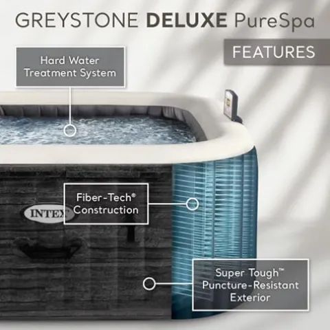 Intex PureSpa Plus Greystone Inflatable Square Hot Tub with Maintenance Kit & Seats Gray