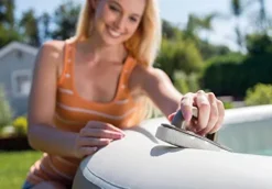 Intex PureSpa Plus Greystone Inflatable Square Hot Tub with Maintenance Kit & Seats Gray