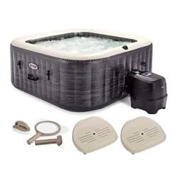 Intex PureSpa Plus Greystone Inflatable Square Hot Tub with Maintenance Kit & Seats Gray
