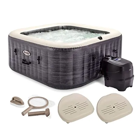 Intex PureSpa Plus Greystone Inflatable Square Hot Tub with Maintenance Kit & Seats Gray