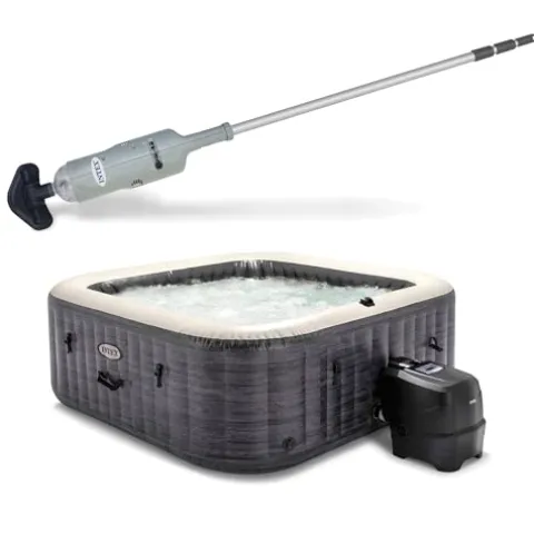 Intex Rechargeable Handheld Pool Vacuum Cleaner with 2 Brush Heads and PureSpa Plus 6 Person Inflatable Square Hot Tub with 170 AirJets Gray