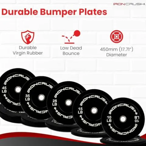 Iron Crush Olympic Bumper Plate Sets – Premium Virgin Rubber Weights for Strength Training – Compatible with 2″ Barbells (280LB)