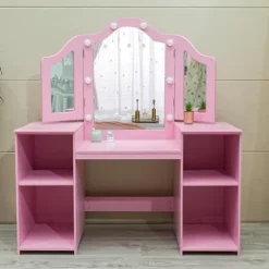 JoanKaren Kids Vanity Table 2-in-1 Princess Makeup Desk with Touch Light Pink With Crown
