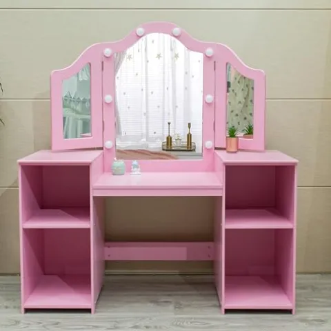 JoanKaren Kids Vanity Table 2-in-1 Princess Makeup Desk with Touch Light Pink With Crown
