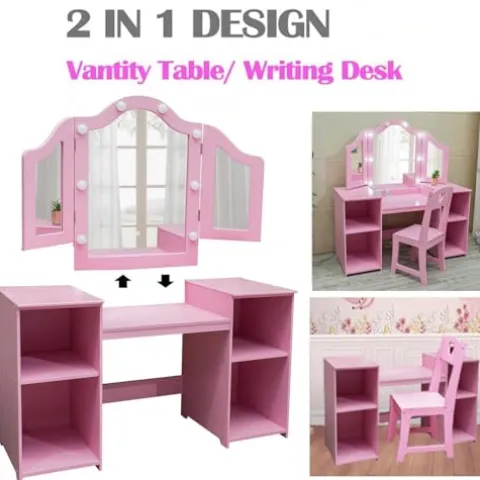 JoanKaren Kids Vanity Table 2-in-1 Princess Makeup Desk with Touch Light Pink With Crown