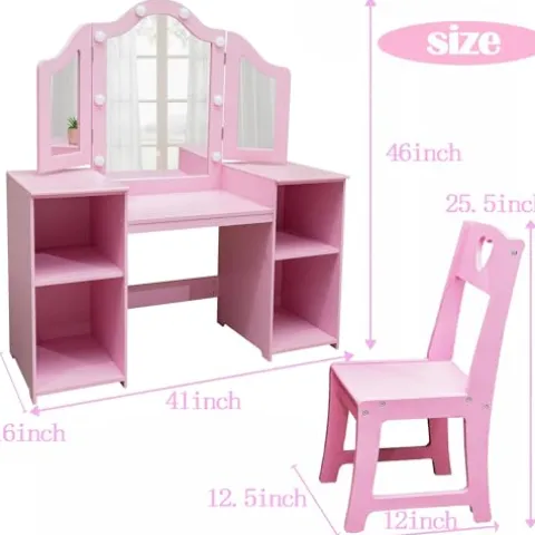 JoanKaren Kids Vanity Table 2-in-1 Princess Makeup Desk with Touch Light Pink With Crown