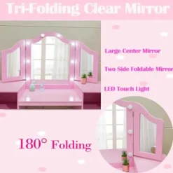 JoanKaren Kids Vanity Table 2-in-1 Princess Makeup Desk with Touch Light Pink With Crown