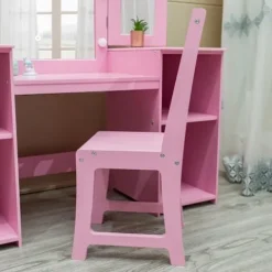 JoanKaren Kids Vanity Table 2-in-1 Princess Makeup Desk with Touch Light Pink With Crown