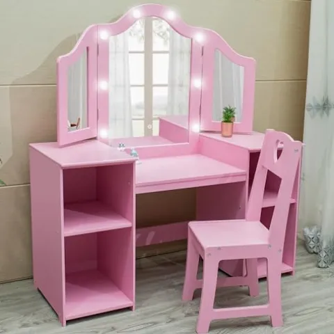 JoanKaren Kids Vanity Table 2-in-1 Princess Makeup Desk with Touch Light Pink With Crown