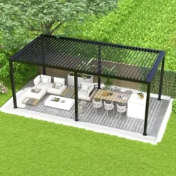 Kaimei Aluminum Pergola with Tilting Steel Louvers 10x19FT Outdoor Patio Cover Black