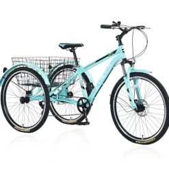 KOZYSFLER Adult Tricycle 7-Speed with 26-Inch Wheels, Wide Saddle, Rear Basket Green