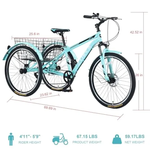 KOZYSFLER Adult Tricycle 7-Speed with 26-Inch Wheels, Wide Saddle, Rear Basket Green