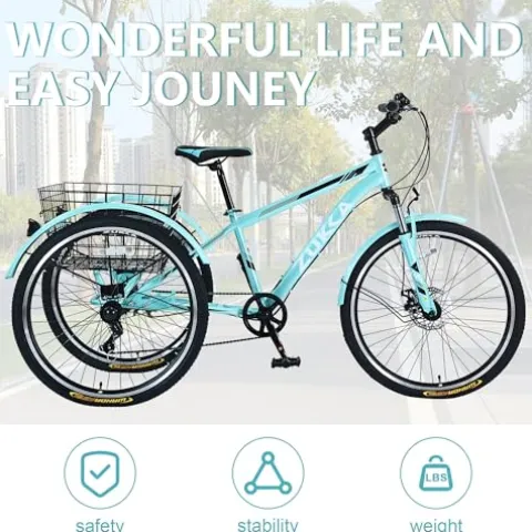 KOZYSFLER Adult Tricycle 7-Speed with 26-Inch Wheels, Wide Saddle, Rear Basket Green