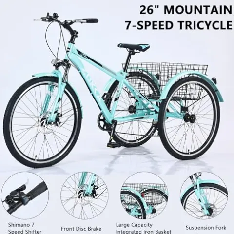 KOZYSFLER Adult Tricycle 7-Speed with 26-Inch Wheels, Wide Saddle, Rear Basket Green