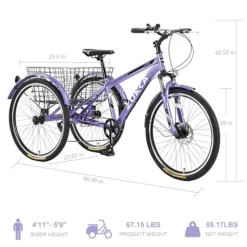 KOZYSFLER Ultimate Comfort 7-Speed Adult Tricycle 26-Inch Wheels Purple