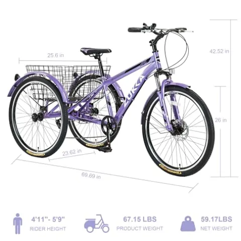 KOZYSFLER Ultimate Comfort 7-Speed Adult Tricycle 26-Inch Wheels Purple