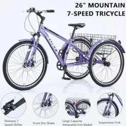 KOZYSFLER Ultimate Comfort 7-Speed Adult Tricycle 26-Inch Wheels Purple