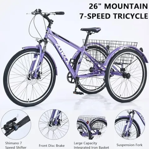 KOZYSFLER Ultimate Comfort 7-Speed Adult Tricycle 26-Inch Wheels Purple