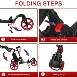 KVV 3 Wheel 360 Rotating Front Wheel Foldable/Collapsible Golf Push Cart Red/Black