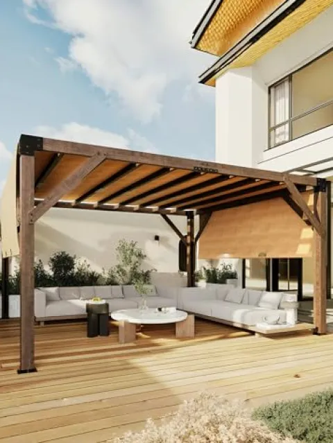 KYBOLT 12×14 Ft Wood Pergola with Retractable Sunshade Canopy Reddish-Brown