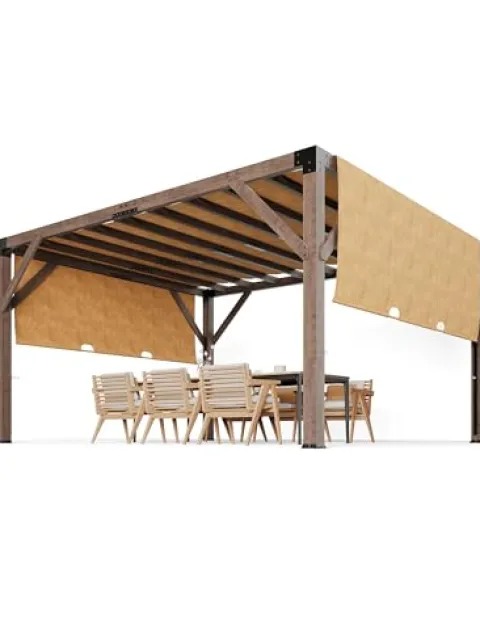 KYBOLT 12×14 Ft Wood Pergola with Retractable Sunshade Canopy Reddish-Brown