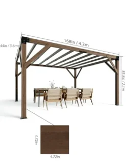 KYBOLT 12×14 Ft Wood Pergola with Retractable Sunshade Canopy Reddish-Brown