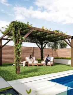 KYBOLT 12×14 Ft Wood Pergola with Retractable Sunshade Canopy Reddish-Brown