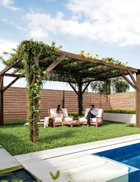 KYBOLT 12×14 Ft Wood Pergola with Retractable Sunshade Canopy Reddish-Brown