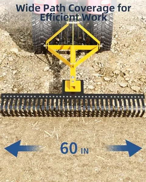 KYBOLT 60-Inch Tractor Rake 3-Point Attachment for Landscape Leveling and Gardening Black/Yellow