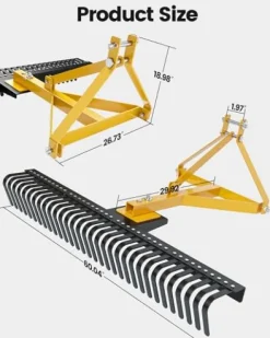 KYBOLT 60-Inch Tractor Rake 3-Point Attachment for Landscape Leveling and Gardening Black/Yellow