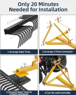 KYBOLT 60-Inch Tractor Rake 3-Point Attachment for Landscape Leveling and Gardening Black/Yellow