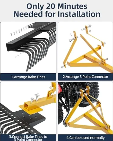 KYBOLT 60-Inch Tractor Rake 3-Point Attachment for Landscape Leveling and Gardening Black/Yellow