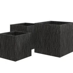LeisureMod Verdura Mid-Century Modern 3-Piece Fiberstone Planter Set Black